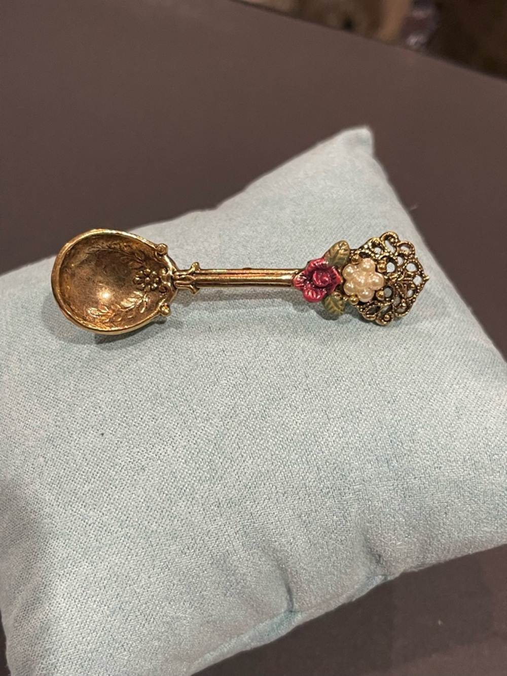 1928 Jewelry Co. Gold-Tone Floral Spoon Brooch with Pink and Cream Accents